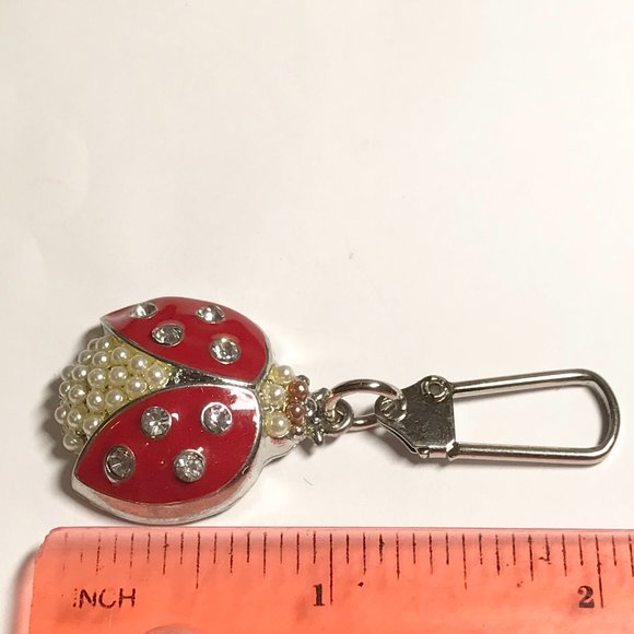 Red Ladybug Keychain Zipper Pull Purse Charm Backpack Pearl Crystal Enamel - Picture 8 of 8